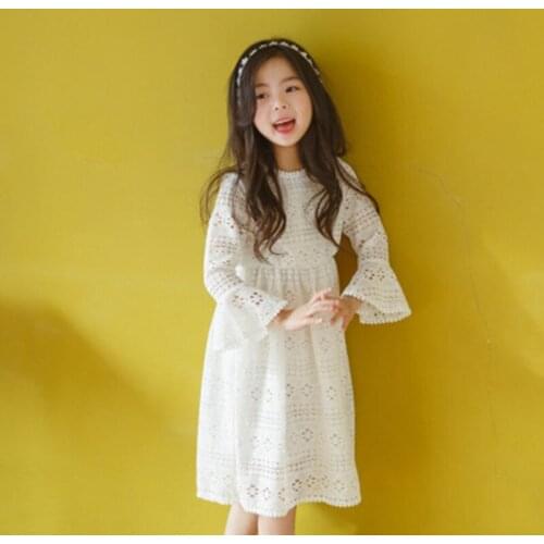 Girls Evening Dress Kids Hollow White Lace Party Dresses Autumn Long Sleeve Mother Daughter Girls Dress Children Clothes Costume