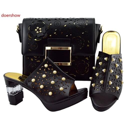 Doershow Italian Shoes And Matching Bag Set Fashion Summer Style lady Middle Heels Shoes And Bags Set For Party!SJZS1-40