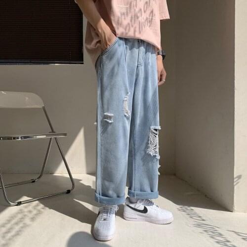 Casual Jeans Mens Washed Wide-leg Straight Denim Pants Loose Casual Cropped Trousers Streetwear Hip-hop Spring Summer Clothes
