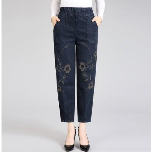 Plus Size 4xl Jeans Women New Spring Autumn Middle-aged Mother Embroidered Elastic Waist Denim Harem Pants Female Trousers