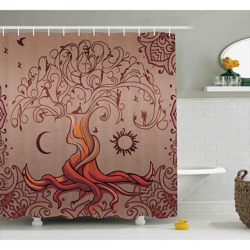Ethnic Shower Curtain Vintage Tree of Life with Sun and Moon Elf on Branches Enchanted Universe Wall Decoration Hanging Curtains