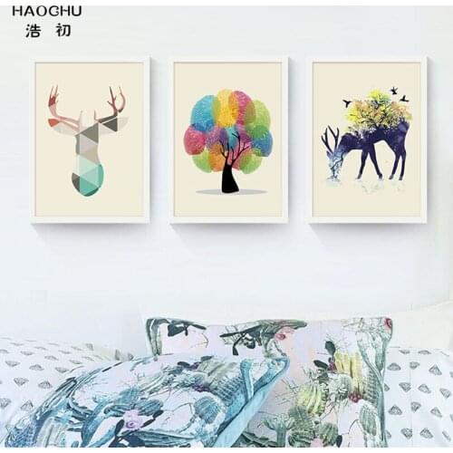 HAOCHU Nordic Canvas Painting Fingerprint Deer Tree Modern Minimalist Fresh Fresco Restaurant Poster Wall Mural Home Decorations