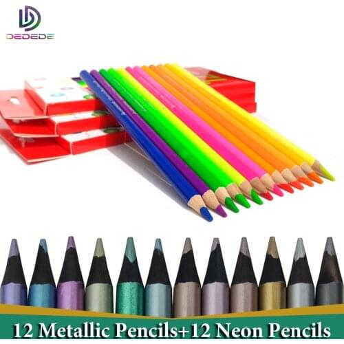 Artist Colored Pencils 24 lapis de cor profissional 12pcs Black Wood Metallic Neon Coloured Pencils and Colouring Pencils Set
