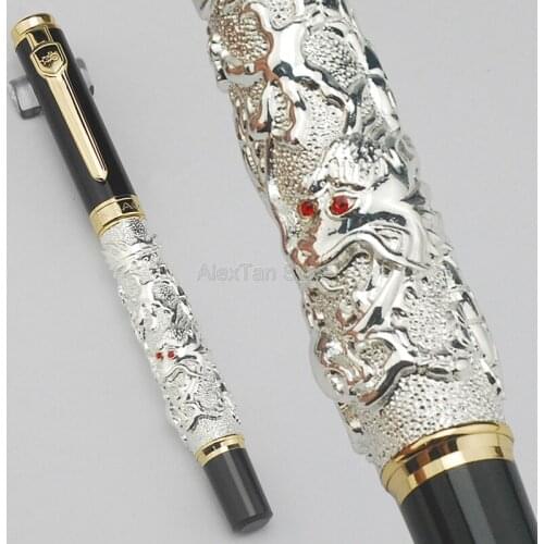 Jinhao Ancient Fountain Pen Auspicious Dragon Carving Heavy Pen, Iridium Fine Nib Noble Silver Office & School Supplies