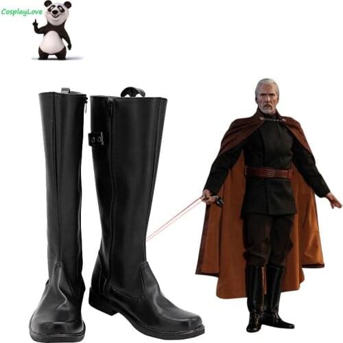Movie SW Count Dooku Black Shoes Cosplay Long Boots Leather Custom Made