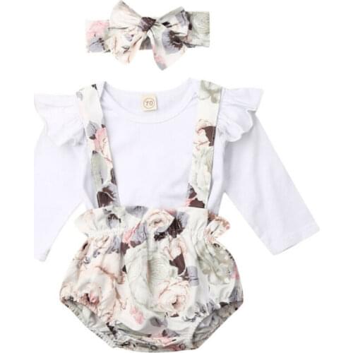 0-24M Infant Baby Girl Clothes Long Sleeve Tops Romper+Flower Bib Shorts Outfit Set