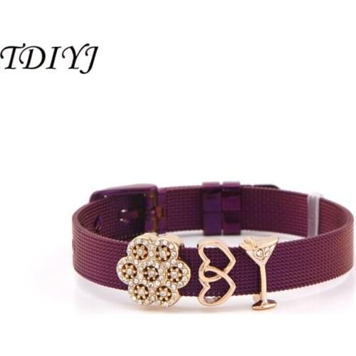 TDIYJ Fashion Purple Keeper Bracelet Set with Gold Crystal Flower Interlocking Heart Pave Martini Slide Charms for Girls' Gifts