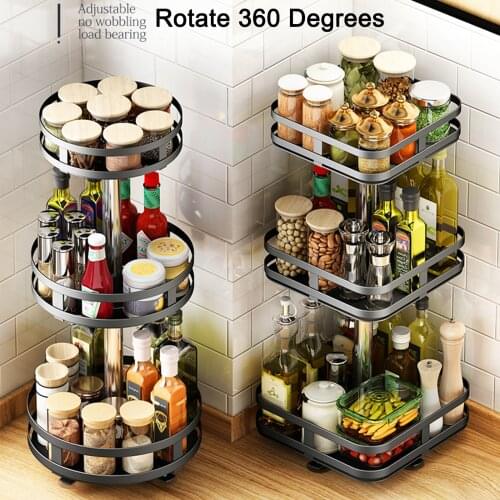 Circular Storage Kitchen Spice Racks 360° Metal Shelf Rak Rotatable Multifunctional Countertop Corners Wall Mount Bracket