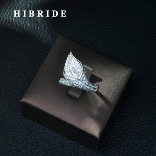 HIBRIDE Fashion Luxury Flower Leaf AAA Cubic Zirconia Brand New Engagement Ring For Women Glitter Elegant Hand Made Ring R-07