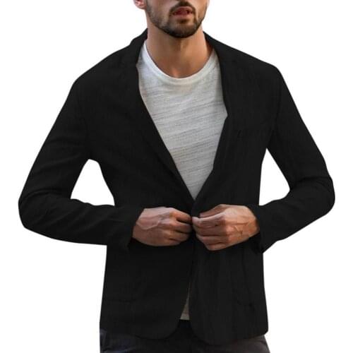 Men Autumn Solid Color Long Sleeve Pockets Cotton Linen Slim Blazer Coat Jacket Comfortable to wear for Wedding
