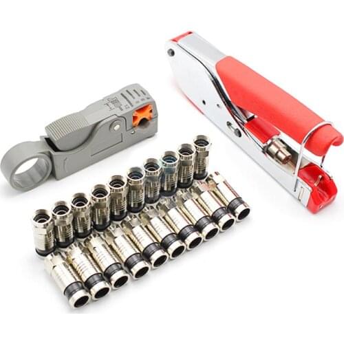 Coaxial Wire Crimper Stripper Kit RG59 RG6 Cable Stripping Tools with F Compression Connectors