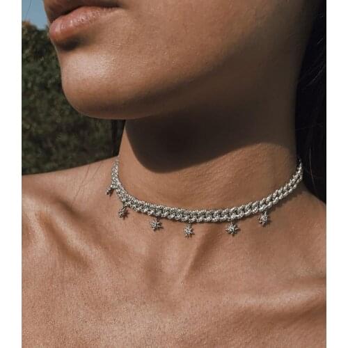 2020 NEW iced out bling cuban women choker silver color clear cubic zirconia CZ star starburst charm necklace high quality