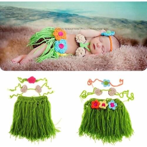 New Hot Sale Girl Baby Newborn Beach Hula Grass Skirt Set Crochet Knit Costume Outfit Photography Photo Props H152