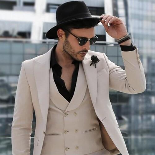 ANNIEBRITNEY Beige 3 Piece Slim Fit Cutsom Formal Suit Business Peaked Lapel Skinny Suit Groom Wedding Beige Tuxedo For Men