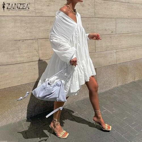 ZANZEA Women Ruffle Dress 2021 Casual Ladies Puff Sleeve Lapel Sexy Off Shouder Holiday Sundress Summer Mini Vestidos 7