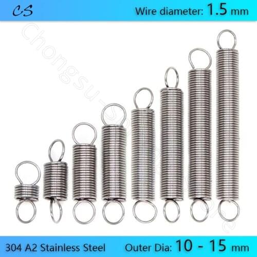 2PCS 1.5mm Tension Spring with Hooks A2 Stainless steel 1.5mm Wire Dia Extension Springs Outer Dia 10 12 15mm Length 200mm