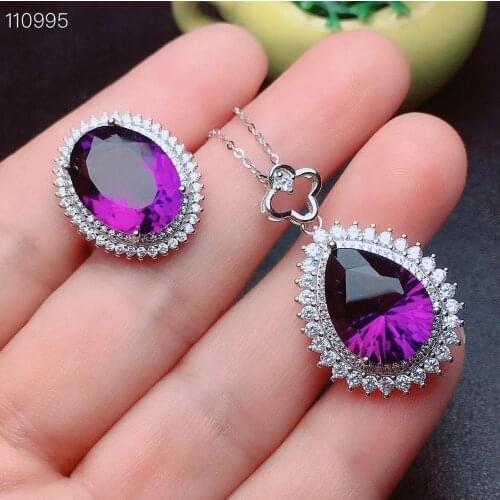 The Best engagement Gift Amethyst jewelry set Natural Real Amethyst 925 sterling silver 1pc pendant,1pc ring