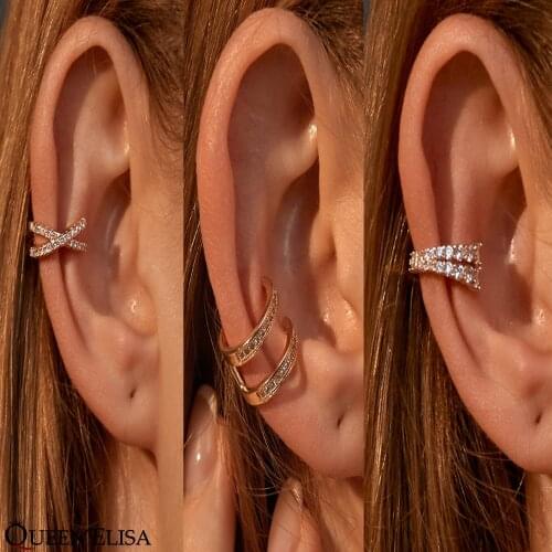 QUEEN ELISA Geometric Gold Clip Earrings for Women Crystal Cuff Earrings Vintage Clip on Ear 2021 Ear Cuff Without Piercing 1PCS