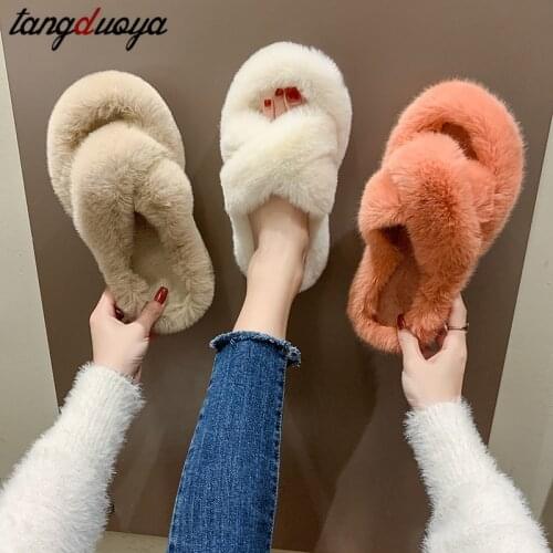 Faux Fur Home Slippers Fluffy Women Slides Comfort Furry Flat Sandals Female Cute Slippers Shoes For Woman Indoor Flip Flops