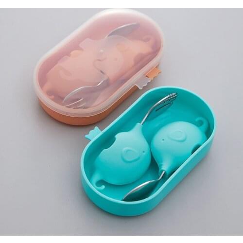 Silicone Stainless Steel Baby Tableware Cutlery Short Fork Spoon Storage Box Solid Food Training Feeding for Baby Kid Children
