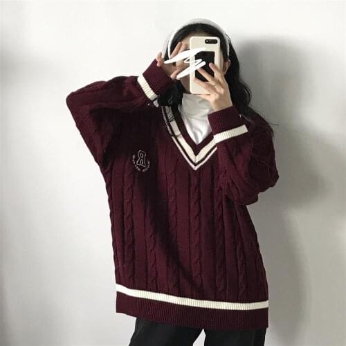 Color matching twist V-Neck Sweater for female students autumn and winter new Pullover loose and versatile knitted jacket