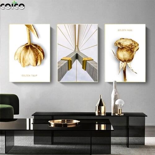 Golden Flowers Canvas Paintings Modern Nordic Home Decor Wall Art Painting Building Poster and Prints Picture for Living Room
