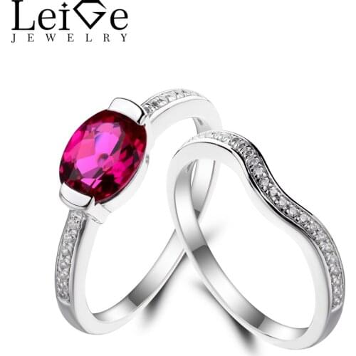 Leige Jewelry Ruby Engagement Ring Red Ruby Ring July Birthstone Oval Cut Red Gemstone Real 925 Sterling Silver Bridal Sets Gift