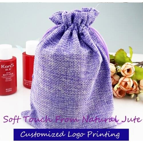 High quality (100 pcs/lot) 13*18cm Linen Fabric Jute Drawstring Gift Bags package bag Purple Burlap Jewelry Packaging Bags