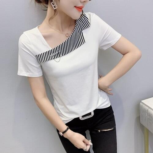 2021 summer Skew collar stripe Splicing short Sleeve Tee Women Fashion Slim Tops Casual Woman T Shirts