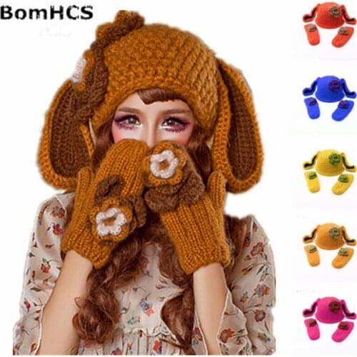 BomHCS Cute Rabbit Ears Womens Winter Warm Handmade Knitted Beanie & Gloves Suit Girls Hat Mittens with Flower