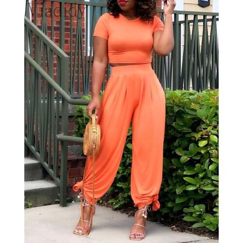 Women 2 Piece Set O-Neck Crop Top & High Waist Pants Sets