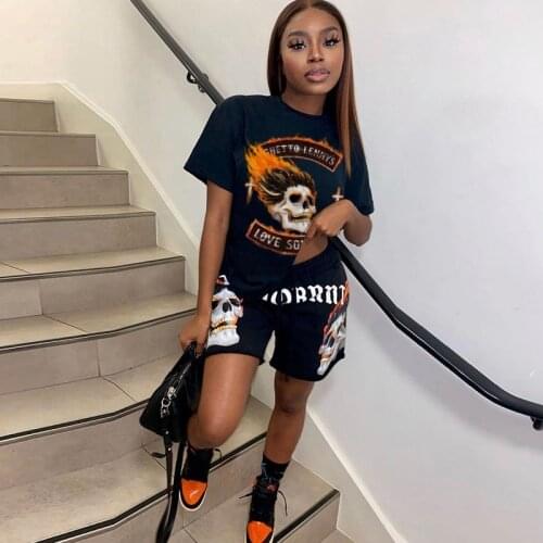 Casual Letter Skull Print 2 Piece Set Tracksuit Women Black Short Sleeve T-Shirt Top Loose Shorts High Street Matching Set