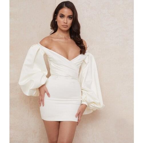 High Quality 2021 Summer Sexy Off-the-shoulder Backless Lantern Sleeve Dress Elegant Women Bodycon Club Party Dress Vestidos