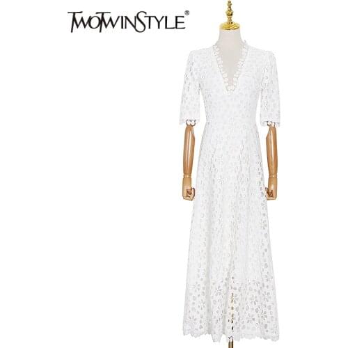 TWOTWINSTYLE Solid White Dress For Women V Neck Half Sleeve High Waist Hollow Out Elegant Slim Dresses Female 2021 Clothes Tide