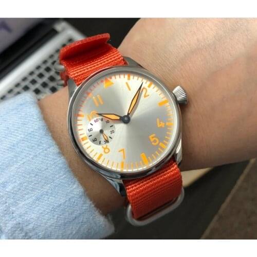 44mm GEERVO silvery dial orange numbers oranger luminous Asian 6497 17 jewels Mechanical Hand Wind movement mens watch gr337-g8
