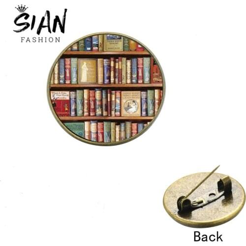 SIAN Vintage Library Bookshelf Brooches Badges 6 Style Old Books Metal Pins Coat Cap Backpack Accessories Teachers Students Gift