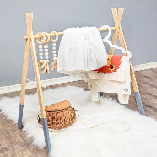 Wooden baby gym game rack with 3 wooden baby sensory pull ring toys foldable baby game fitness rack activity gym