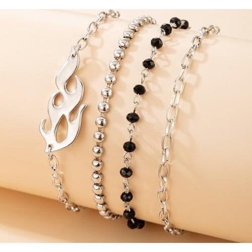 Docona 4pcs/set Creativity Sliver Color Flame Bracelets for Women Trendy Geometric Black Beads Bracelet Set Female Jewelry 16288