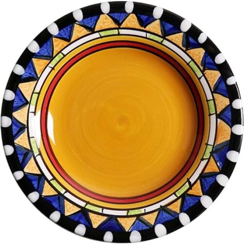 Ceramic Household Dish Plate Hand Painted Tableware Japanese American Flat Plate Pastoral Ethnic Steak Western Round Tray