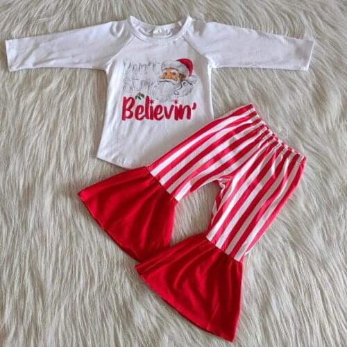Lovely Girls Outfits Long Sleeves Bell Bottom Red Stripe Pants Christmas Boutique Kids Clothing Spring Autumn Sets
