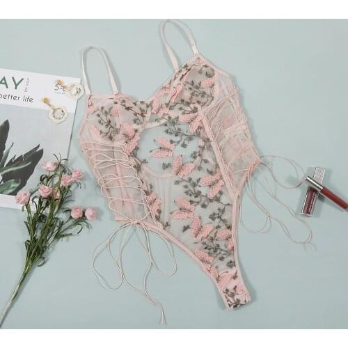 Lace Sexy Bodysuit Women Transparent Rompers Bodycon Butterfly Push Up Body Overalls Teddies Waist Slim Jumpsuits Lady Pink New