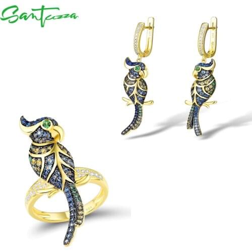 SANTUZZA Genuine 925 Silver Jewelry Set For Women Sparkling Blue Stones Lovely Birds Earrings Ring Set Trendy Fine Jewelry