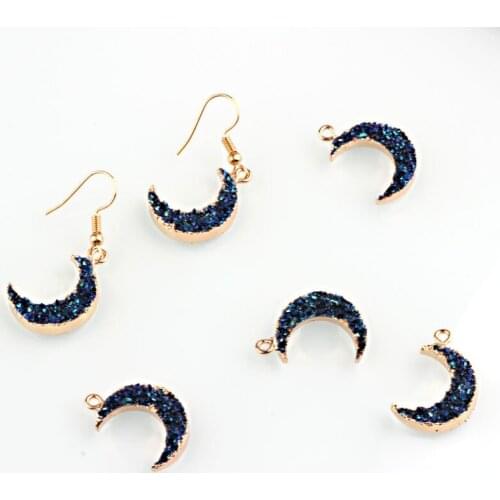 Brand New 20PCs 16*23MM Blue Crystal Rhinestone Paved Gold Tone Metal Alloy Moon Necklace Pendants Floating Pendant Earring DIY