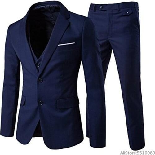 2021 New Fashion Slim Men Suit Navy Blue Notch Lapel Business Casual Evening Tuxedo 3 Piece（Blazer+Pant+Vest）Custom Man Suit