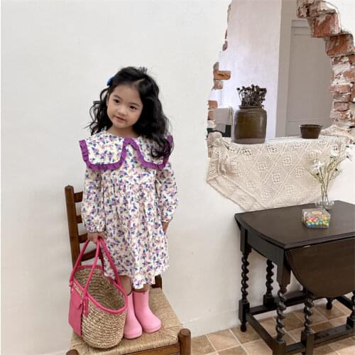 Baby Girls Floral Dress Autumn Vintage Korean Childrens One Piece Dresses Casual Loose Kids Frocks Girls Flower Pattern Robe
