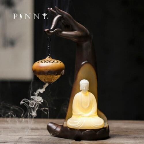 PINNY Buddha Hand Hanging Ceramic Incense Burner Buddha Statue Censer Sandalwood Cone Incense Base Zen Decor