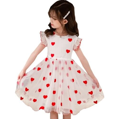 Teenage Girls Dress Heart Pattern Dress Girls Mesh Dress Kids Summer Costume For Girls 6 8 10 12 14