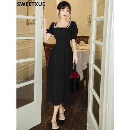 SWEETXUE French Romantic Temperament Square Collar Black Dress Female High Waist Retro Black Dress Chic Female Vestido Mujer