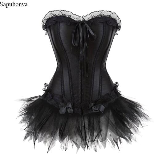 Sapubonva corset dresses halloween costumes corsets bustier dress with skirt set mini tutu skirt mesh corselet black plus size