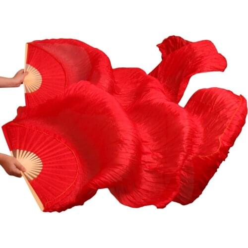 Newest 100% Natural silk veil Belly dance fans 1 Pair of belly dancing fans 180*90 cm handmade dance props pure red color 5sizes
